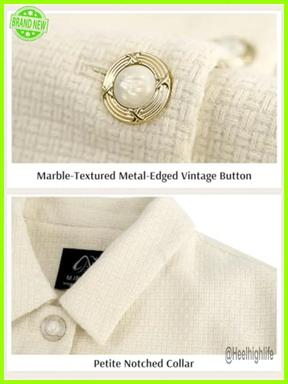 Cropped Tweed Blazer with Pockets, Turn Down Collar, Golden Button Down